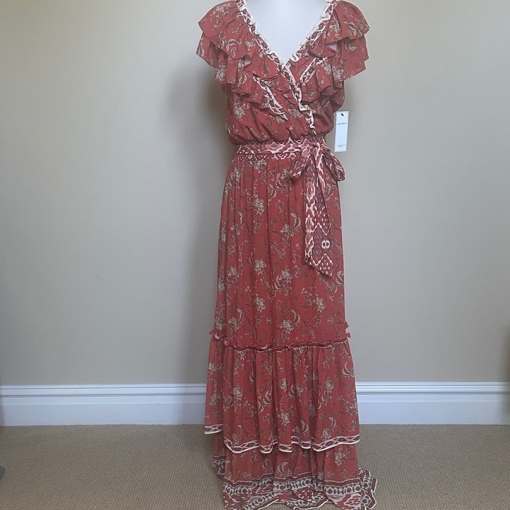 New Aura Rust Floral Ruffle Maxi Dress • Boho Floral Tiered Hem • Size M NWT